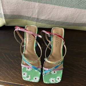 Wild Pair Green and Pink Floral Sandals with Metallic Straps